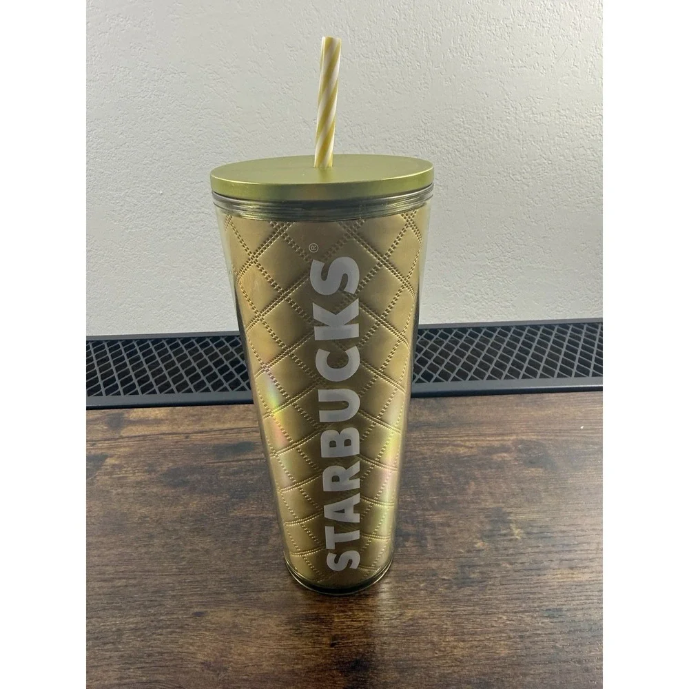 2024 STARBUCKS HOLIDAY METALLIC GOLD QUILTED 24oz VENTI TUMBLER COLD‎ CUP